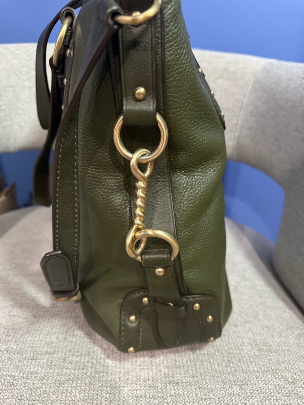 Michael Kors Olive Green Leather Shoulder Tote with Stud Accents - Picture 5 of 9